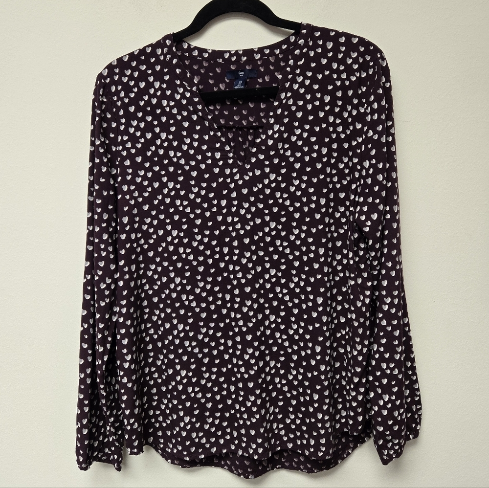 Gap V-neck Heart Print Long Sleeve Blouse Purple L